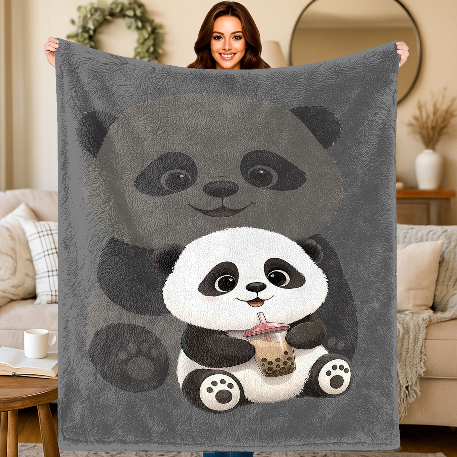 Coffee Tea Knits - Minimalist Grey Giant Panda Drinking Tea