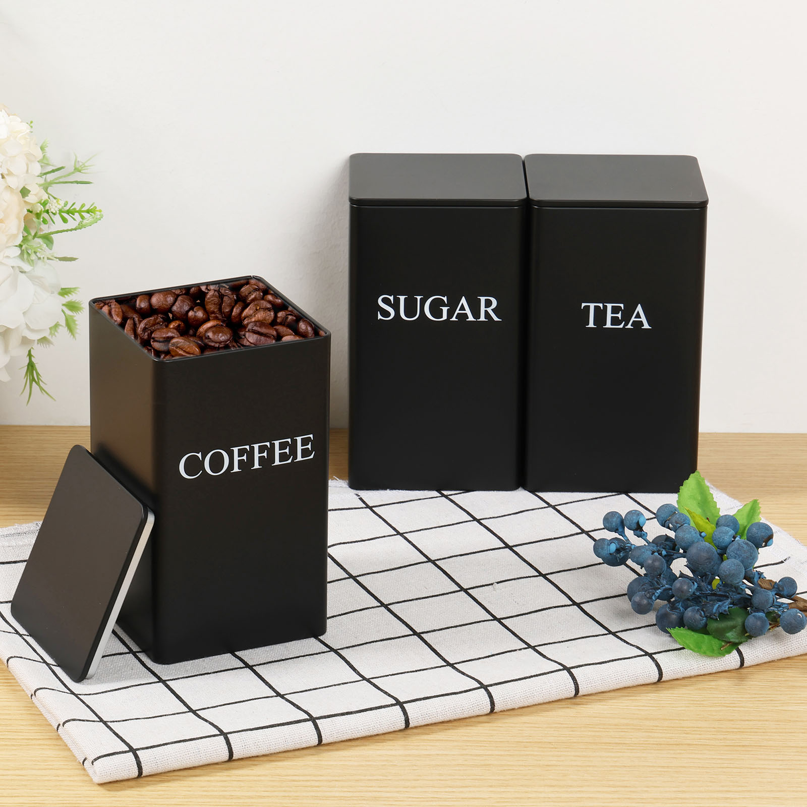 Coffee Tea Sugar Canister Set - 3Pcs Coffee Bean Storage Canisters Tea