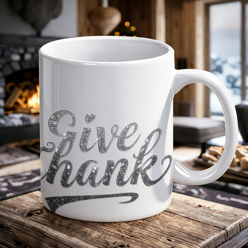 Coffee Tea Font - Silver Foil Font 'Give Thanks' Ceramic