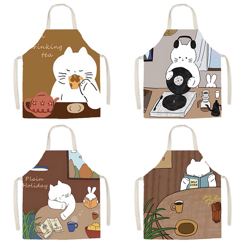 Coffee Tea Knits - Cute White Cat Printed Apron Cozy