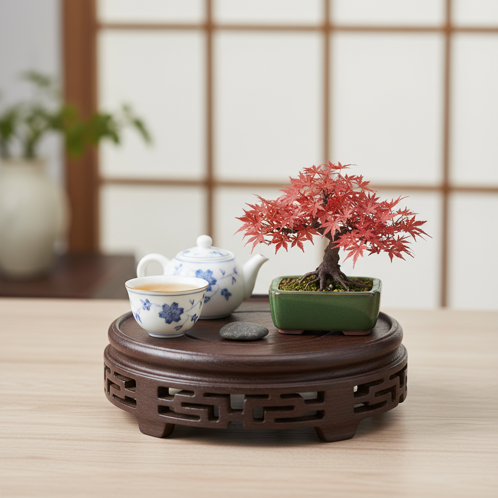 Coffee Tea Display - Exquisite Miniature Round Wood Base Figurine
