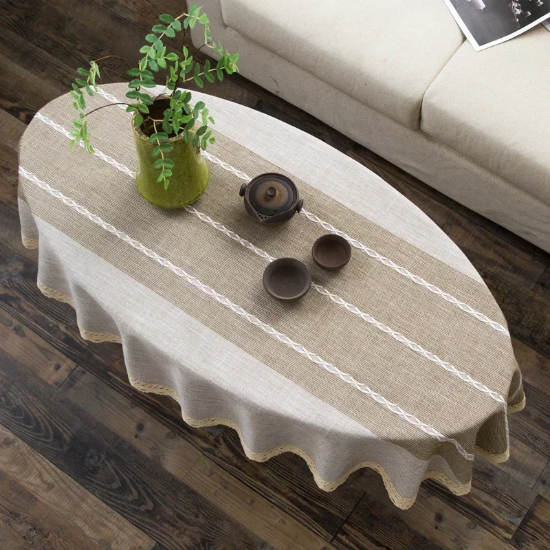 Coffee Tea Knits - Cotton and Linen Oval Tablecloth Tea